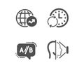 Ab testing, World statistics and Update time icons. Face id sign. Test chat, Global report, Refresh clock. Vector