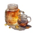 glass jar with honey and a glass of tea, watercolor still life