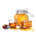Glass jar with honey and honeycombs, honey still life,