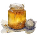 A glass jar of honey with an open lid standing on a table, watercolor illustration