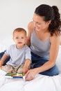 Abacus, portrait and baby with mother playing, learning and education for child development on bed. Bonding, toy and Royalty Free Stock Photo