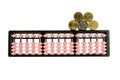 Abacus retro japan calculator with gold and silver coins isolated
