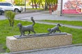 Abakan, Russia 05/09/2020: Bronze monument to cats stealing sausages