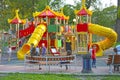 Abakan, Russia 08/14/2019: Children play on the playground in a regular public park. Siberia. Summer