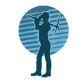 silhouette of a female worker holding a mattock tool.