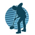 silhouette of a male construction worker digging ground with a shovel.