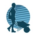silhouette of a female construction worker pushing a wheelbarrow