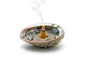 Abalone shell holds a burning incense cone surrounded by ashes. Royalty Free Stock Photo