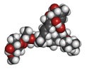 Abamectin insecticide molecule. 3D rendering. Atoms are represented as spheres with conventional color coding: hydrogen white,.
