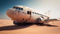 Abandoned aircraft in sand desert