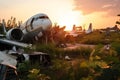 Abandoned airplane in the airport at sunset. Generative AI