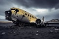 Abandoned airplane on the beach, Iceland. Toned. An abandoned airplane rests solemnly on a desolate black sand , AI Generated