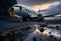 Abandoned airplane on the beach at sunset. 3d render, An abandoned airplane rests solemnly on a desolate black sand beach, AI