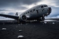 Abandoned airplane on the black sand in Iceland. Toned, An abandoned airplane rests solemnly on a desolate black sand beach, AI