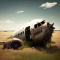 Abandoned airplane in the field. 3d illustration. Vintage style.