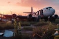 Abandoned airplane in the field at sunset time, vintage style. Generative AI