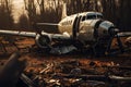 Abandoned airplane in the forest. The concept of war and death, The plane crashed to the ground, AI Generated