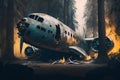 Abandoned airplane in the forest. 3d rendering. toned image