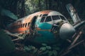Abandoned airplane in the forest, vintage style. Generative AI