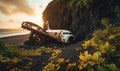 An abandoned airplane rests solemnly on desolate black sand beach. Creating using generative AI tools