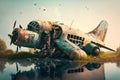 Abandoned airplane on the shore of the lake. 3d rendering