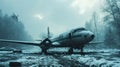 Abandoned airplane in the snow in fog