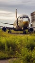 Abandoned Airport in Disrepair with Overgrown Grass and Crumbling Buildings. Generative AI