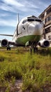 Abandoned Airport in Disrepair with Overgrown Grass and Crumbling Buildings. Generative AI