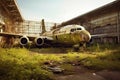 Abandoned Airport in Disrepair with Overgrown Grass and Crumbling Buildings. Generative AI