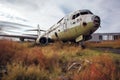 Abandoned Airport in Disrepair with Overgrown Grass and Crumbling Buildings. Generative AI