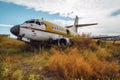 Abandoned Airport in Disrepair with Overgrown Grass and Crumbling Buildings. Generative AI