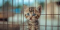 abandoned alone little gray red striped kitten sitting in a cage at an animal shelter, sad eyes with hope. banner Royalty Free Stock Photo