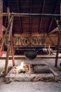 Old ancient viking warrior home by the fireplace and the stew pot.