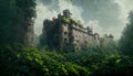 Abandoned ancient castle overgrown with greenery, fantasy wallpaper