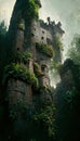 Abandoned ancient castle overgrown with greenery, fantasy wallpaper