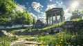 In an abandoned ancient Greek temple with destroyed columns and steps with creepers in a garden with green grass and Royalty Free Stock Photo