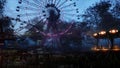 Abandoned Apocalyptic Ferris wheel and carousel in an amusement Park in a city deserted after the Apocalypse. 3D