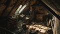 The abandoned attic of an old house is cluttered