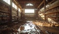 Abandoned barn interior with muddy floor and sunlight streaming through windows Royalty Free Stock Photo