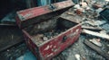 Abandoned basement with a broken wooden chest and scattered debris in a decayed interior Royalty Free Stock Photo