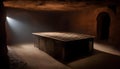 An abandoned basement is illuminated by a single spotlight, casting dramatic shadows that dance Royalty Free Stock Photo
