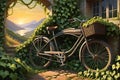 Abandoned Bicycle Reclaimed by Ivy Vines, Intertwining with the Metallic Frame, Wheels Half-Submerged in Nature\'s Embrace