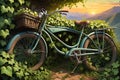 Abandoned Bicycle Reclaimed by Ivy Vines, Intertwining with the Metallic Frame, Wheels Half-Submerged in Nature\'s Embrace