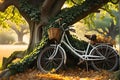 Abandoned Bicycle Rests Against an Ancient Oak Tree: Tendrils of Ivy Encircling its Rusting Frame, Lost in Time