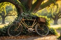 Abandoned Bicycle Rests Against an Ancient Oak Tree: Tendrils of Ivy Encircling its Rusting Frame, Lost in Time Royalty Free Stock Photo