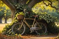 Abandoned Bicycle Rests Against an Ancient Oak Tree: Tendrils of Ivy Encircling its Rusting Frame, Lost in Time