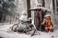 abandoned bike with a snowman built next to it in a winter park