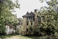 Abandoned block buildings in the ghost town. Chenobyl Pripyat atmosphere with empty buildings with broken glasses in a dramatic