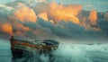 Abandoned boat in mist. AI generated.