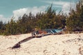 Abandoned boat in sandy beach in madagascar